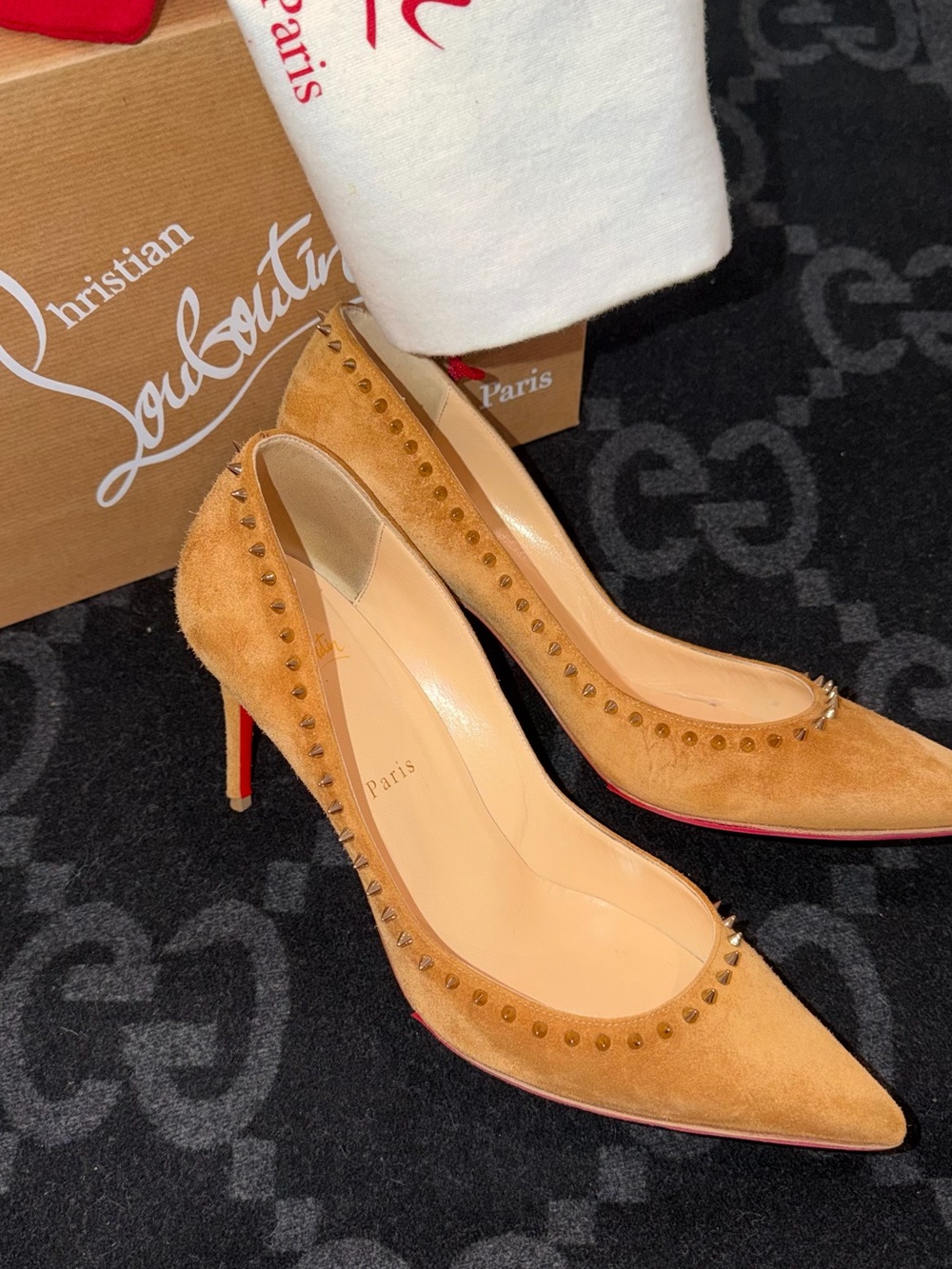 Christian Louboutin Tan Suede Stud-Trim Pointed-Toe Pumps